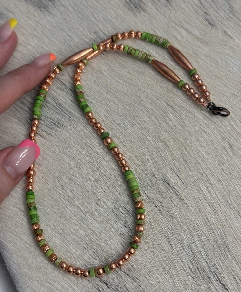 Copper Navajo Pearl Fluted & Melon Beaded Neon Green Jasper Heishi Necklace 18”